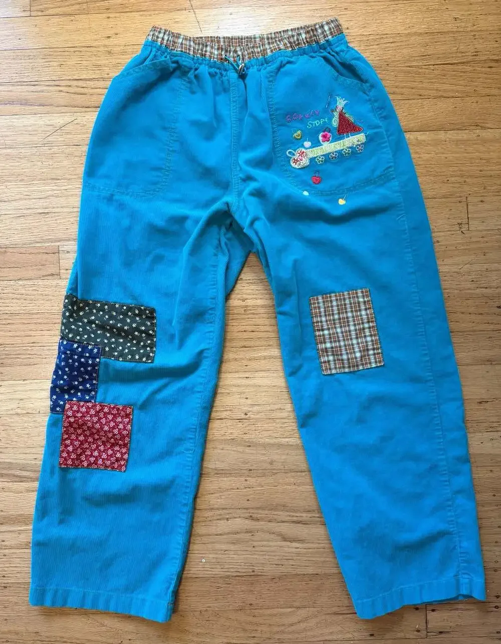 Sooky Story Fairy Patchwork Corduroy Pants Kids Vintage Blue Embroidered Drawstr